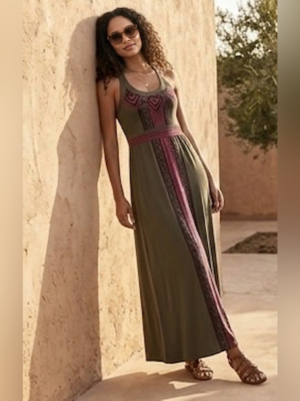 Athleta Olive Printed Racerback Maxi Dress Medium - Picture 2 of 14